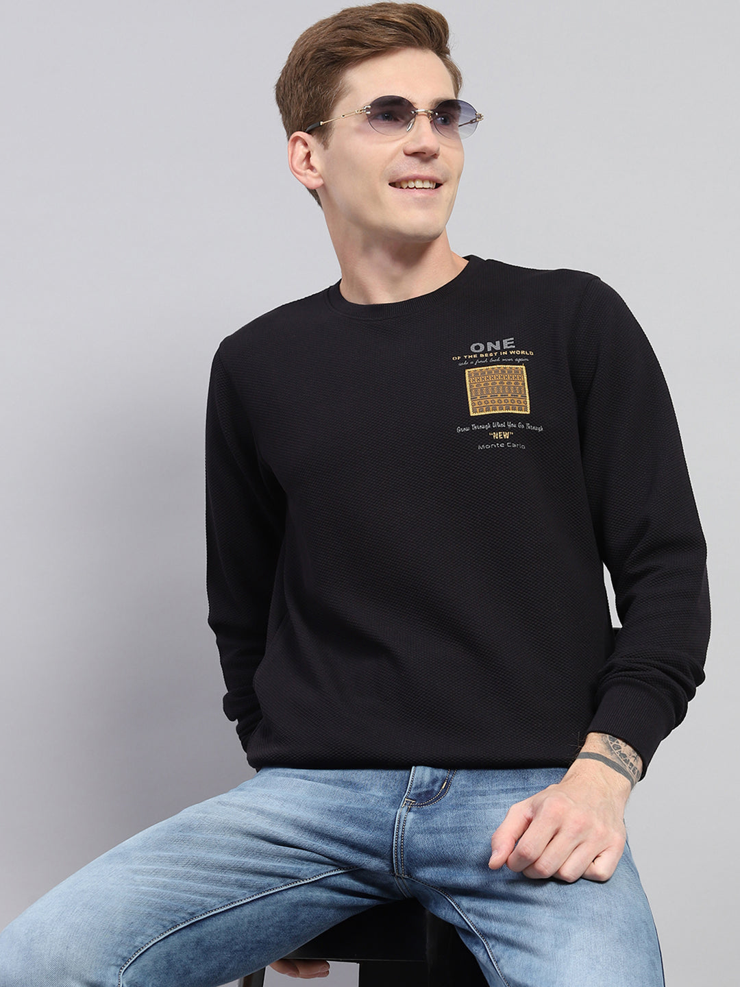 Men Navy Blue Printed Round Neck Full Sleeve Winter T-Shirt