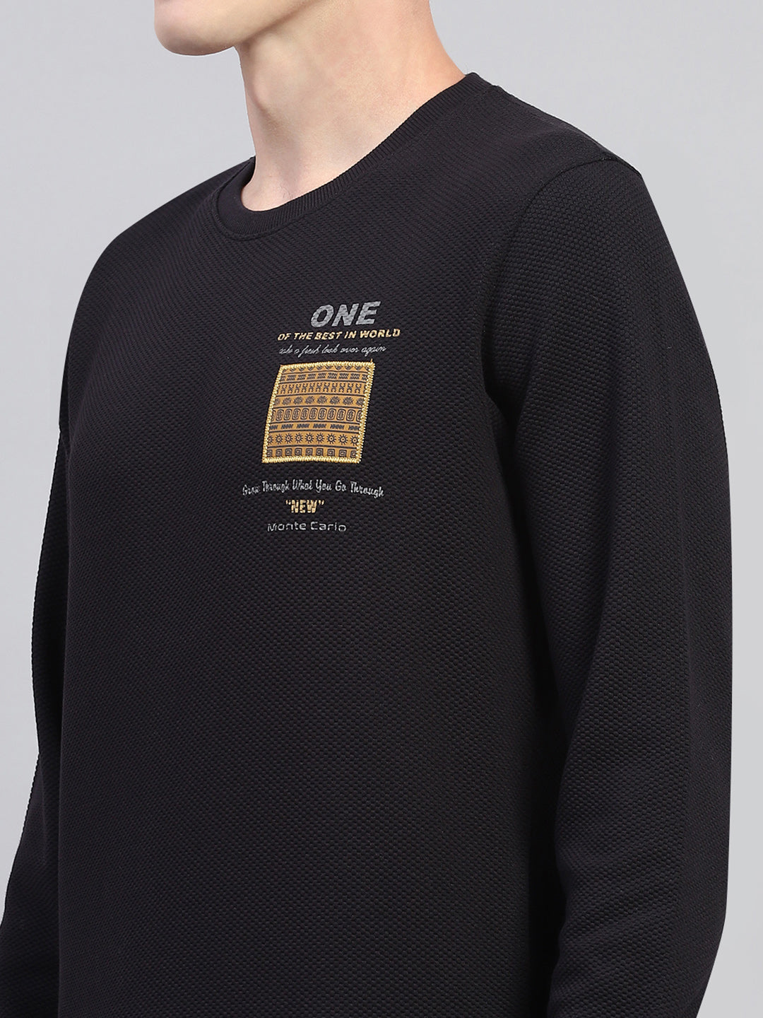 Men Navy Blue Printed Round Neck Full Sleeve Winter T-Shirt