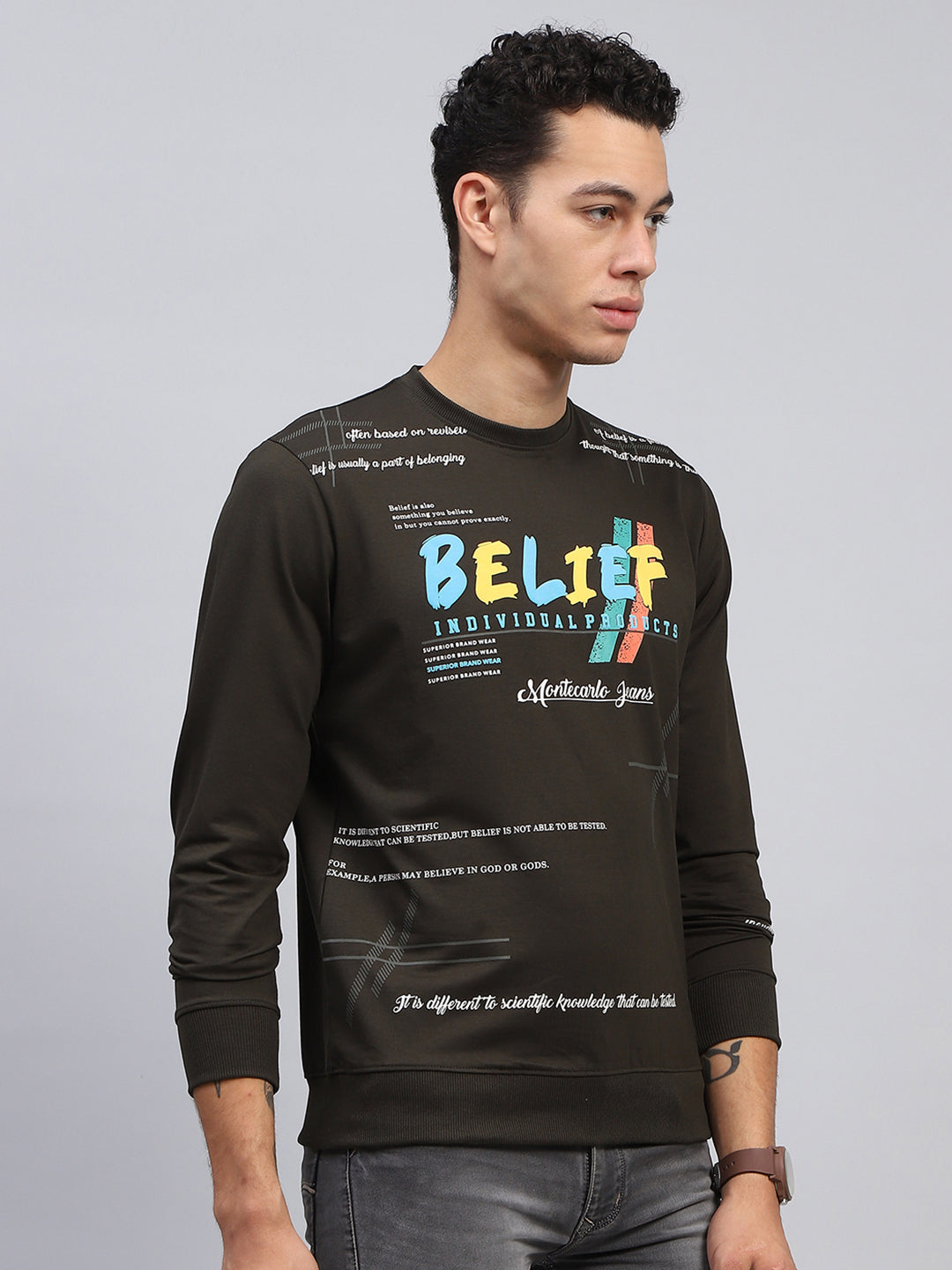 Men Olive Printed Round Neck Full Sleeve Winter T-Shirt