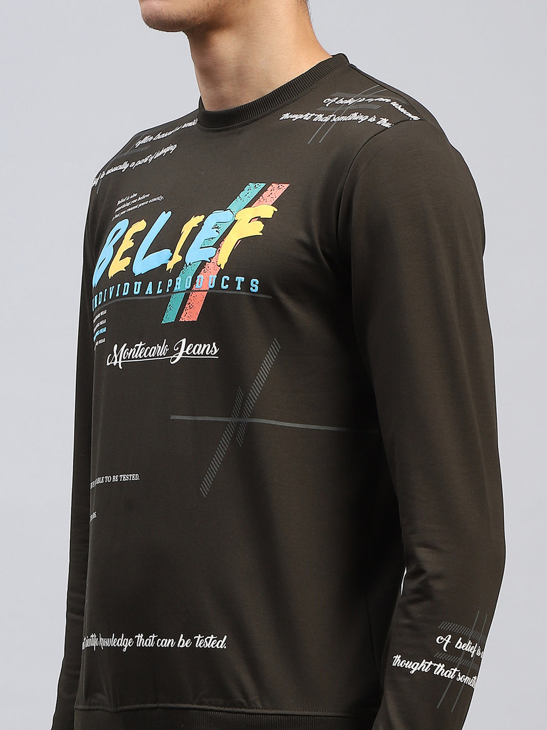 Men Olive Printed Round Neck Full Sleeve Winter T-Shirt