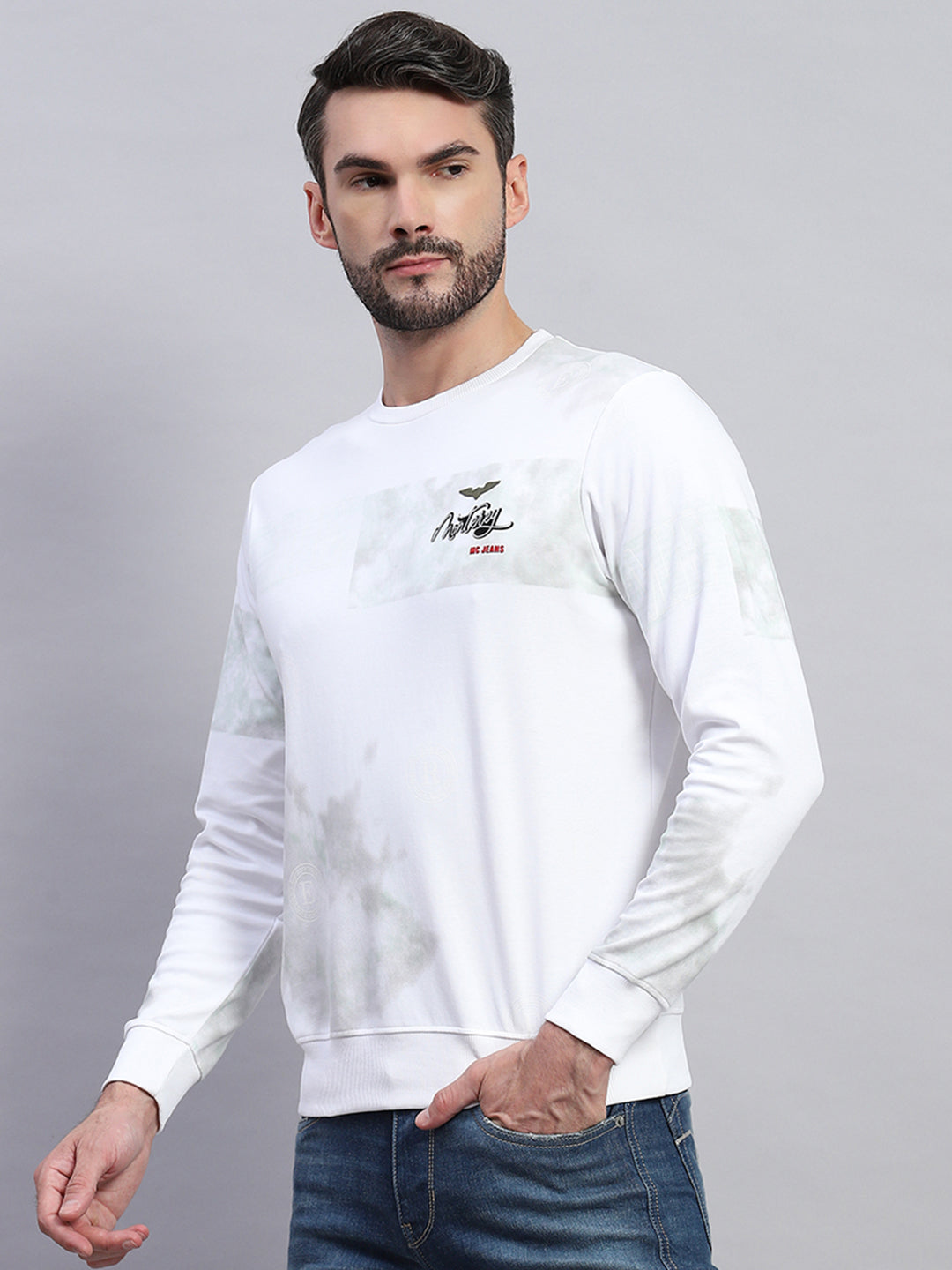 Men White Printed Round Neck Full Sleeve T-Shirt