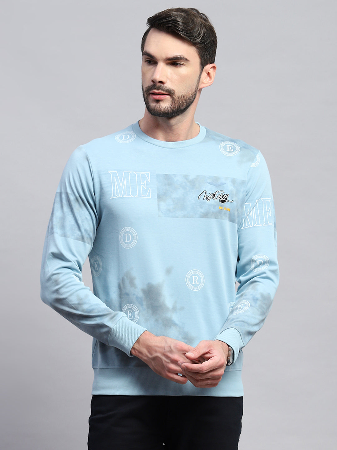 Men Blue Printed Round Neck Full Sleeve T-Shirt