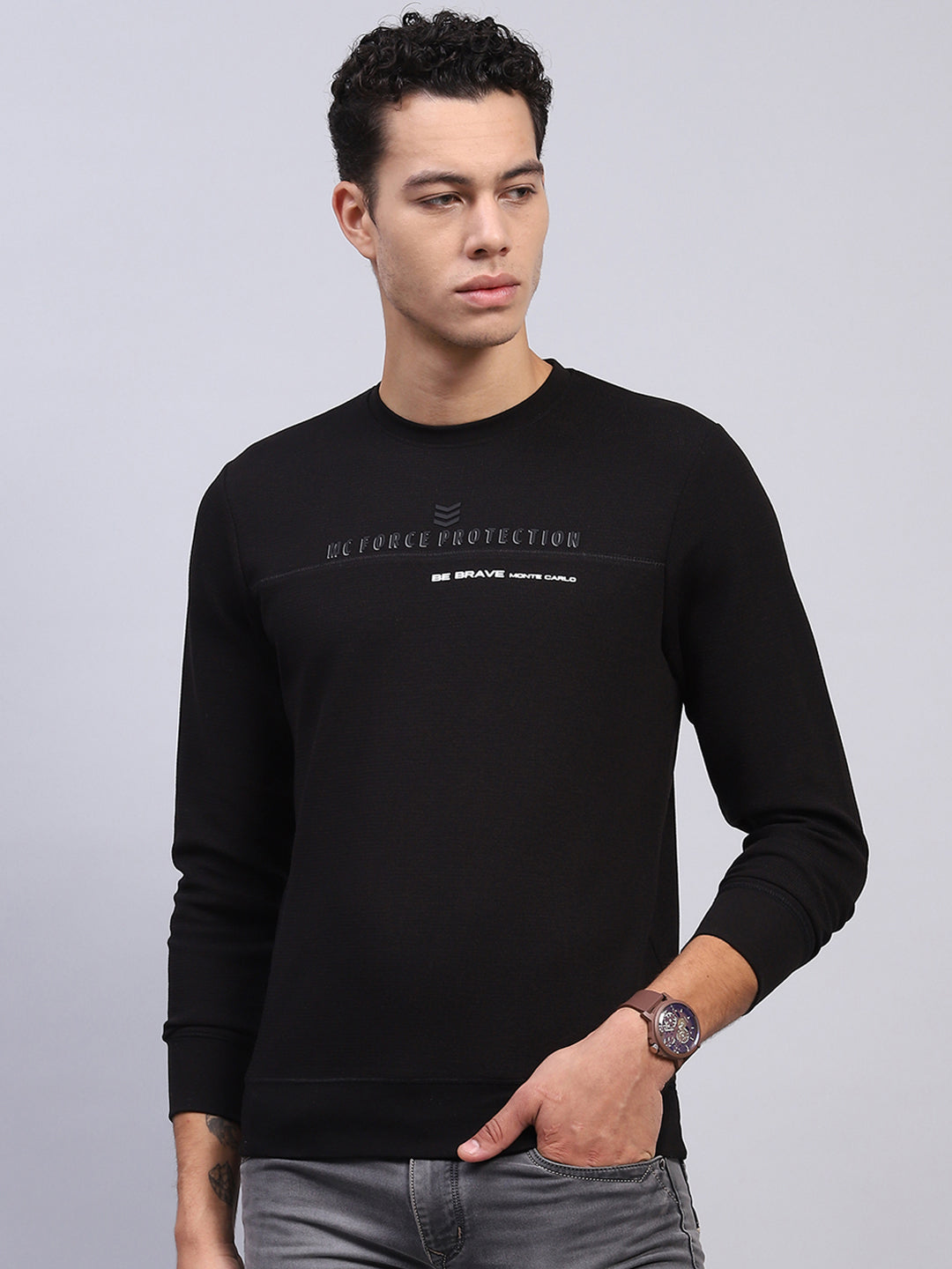 Men Black Printed Round Neck Full Sleeve Winter T-Shirt