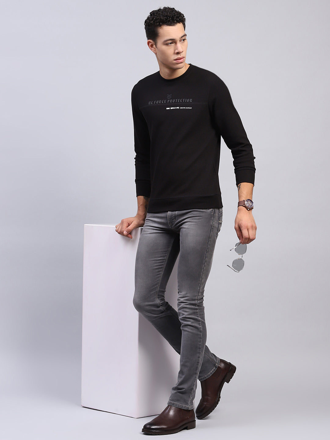 Men Black Printed Round Neck Full Sleeve Winter T-Shirt