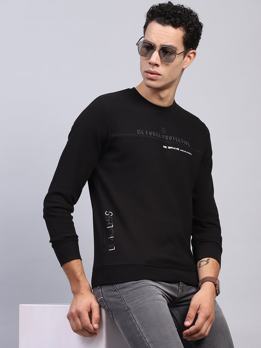Men Black Printed Round Neck Full Sleeve Winter T-Shirt