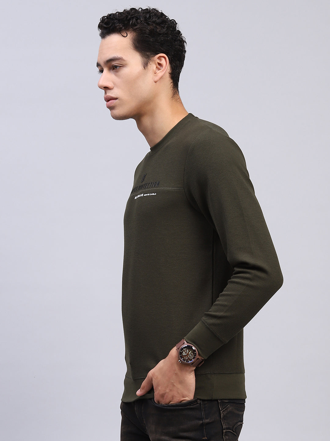 Men Olive Printed Round Neck Full Sleeve Winter T-Shirt