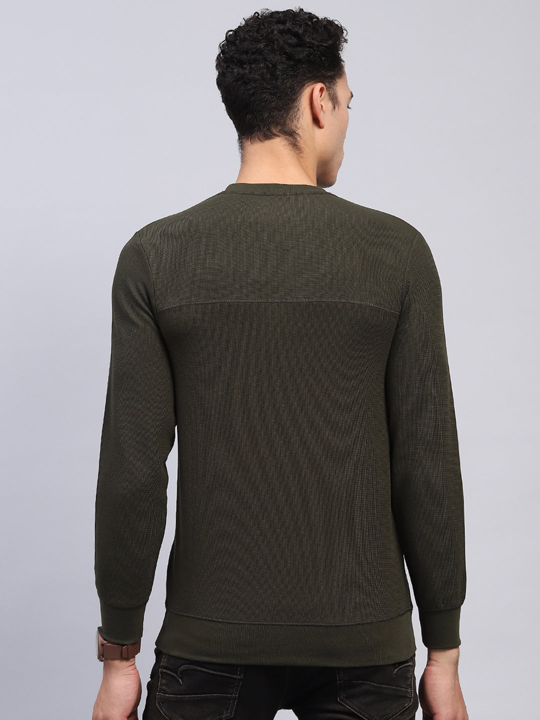 Men Olive Printed Round Neck Full Sleeve Winter T-Shirt