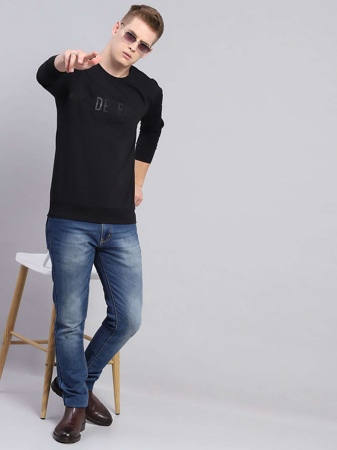 Men Black Printed Round Neck Full Sleeve Winter T-Shirt