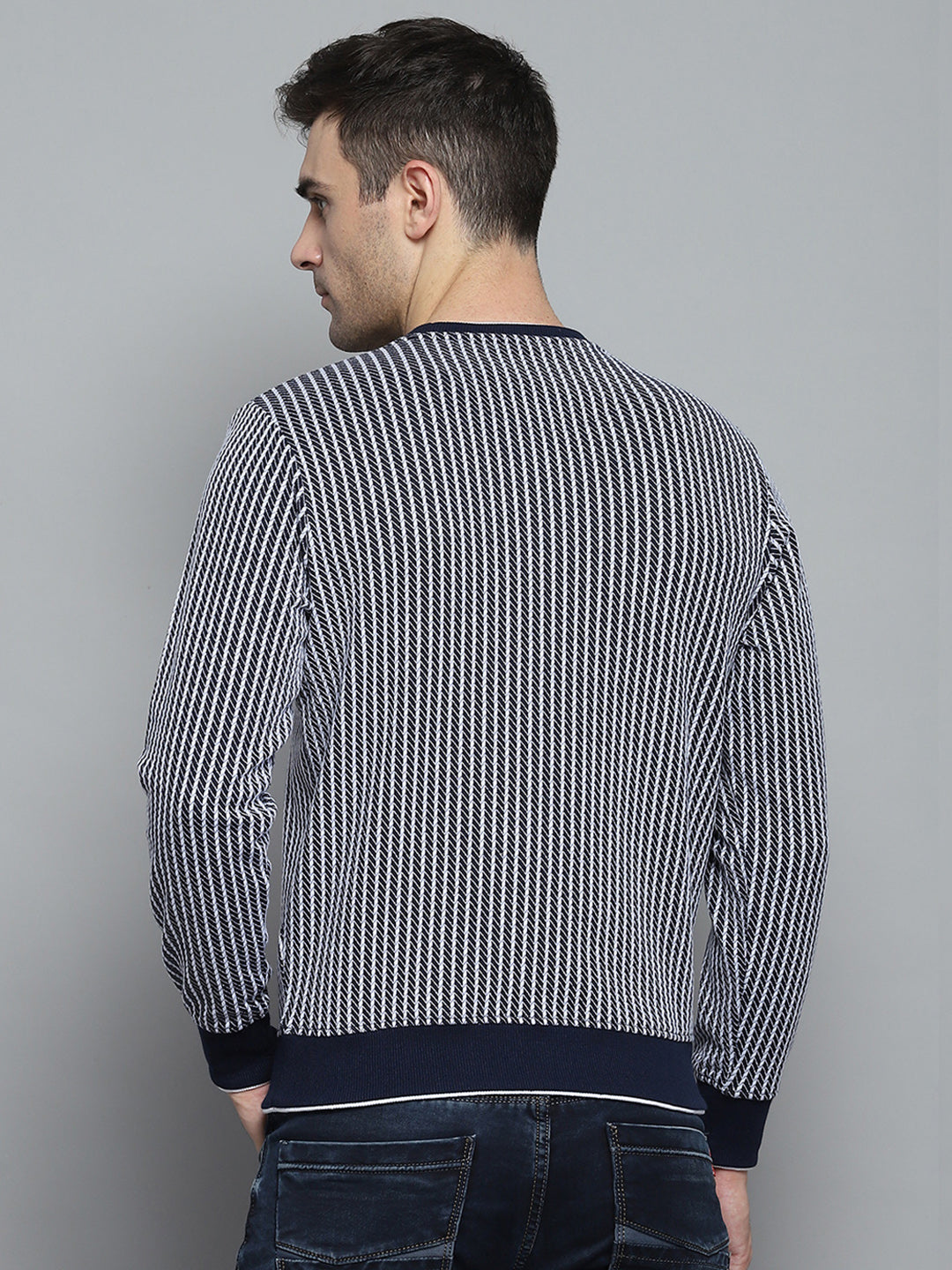 Men Navy Blue Printed Round Neck Full Sleeve Winter T-Shirt