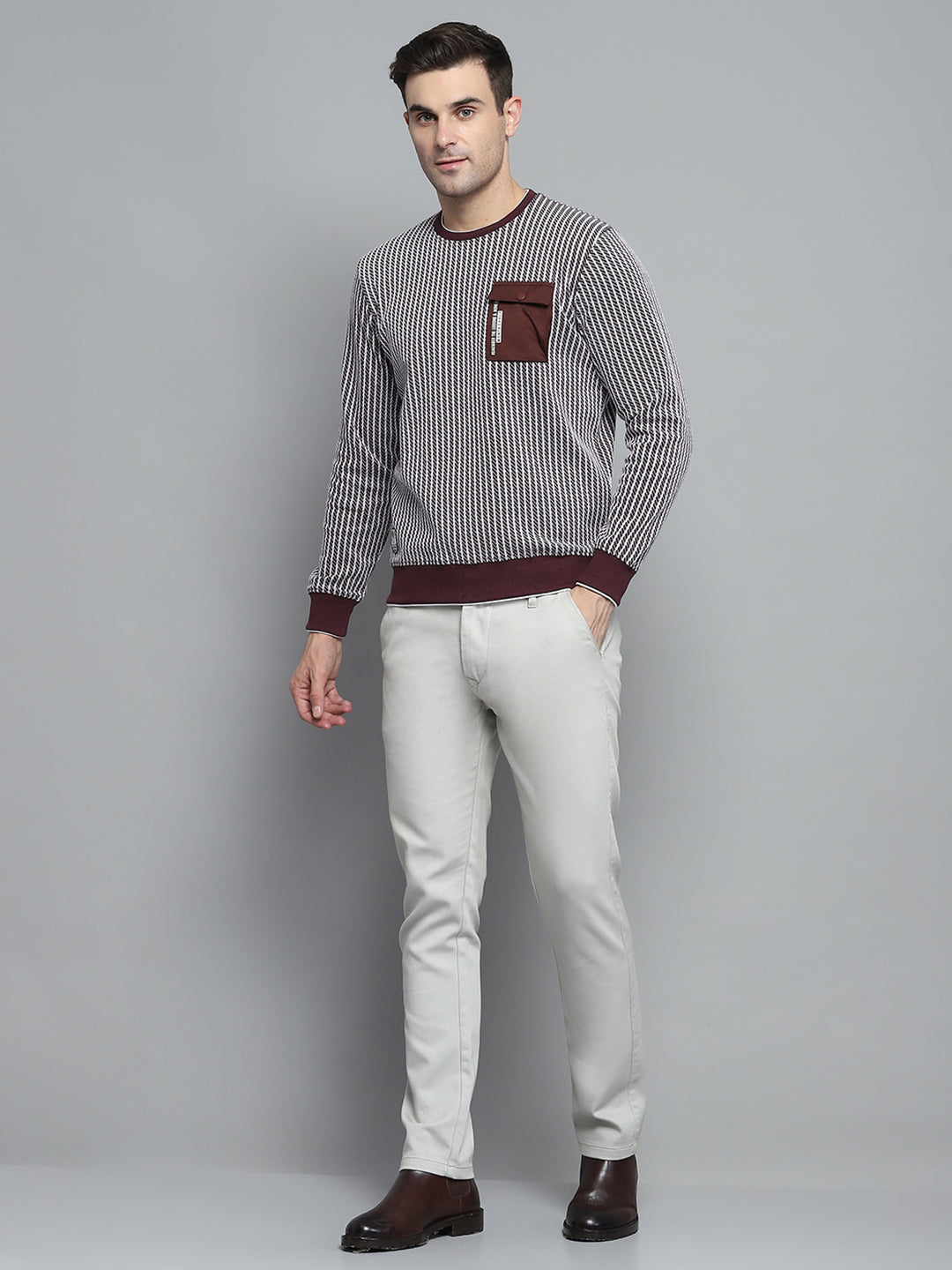Men Maroon Printed Round Neck Full Sleeve Winter T-Shirt