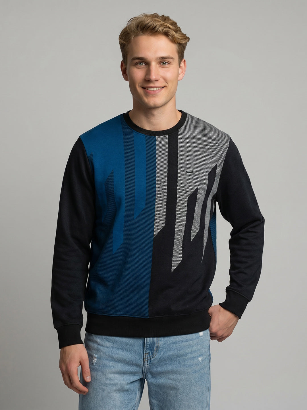 Men Blue Printed Round Neck Full Sleeve T-Shirt