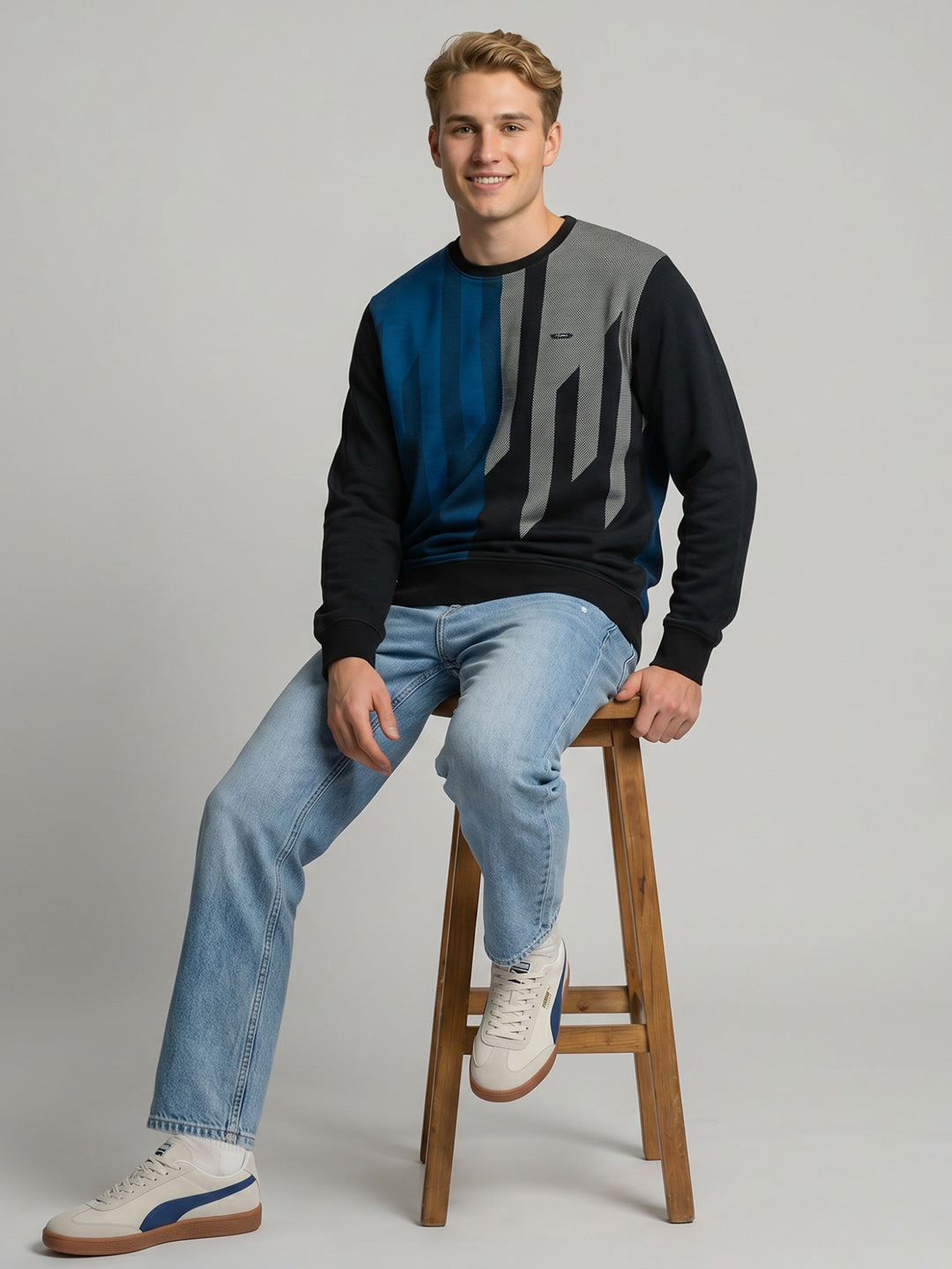 Men Blue Printed Round Neck Full Sleeve T-Shirt