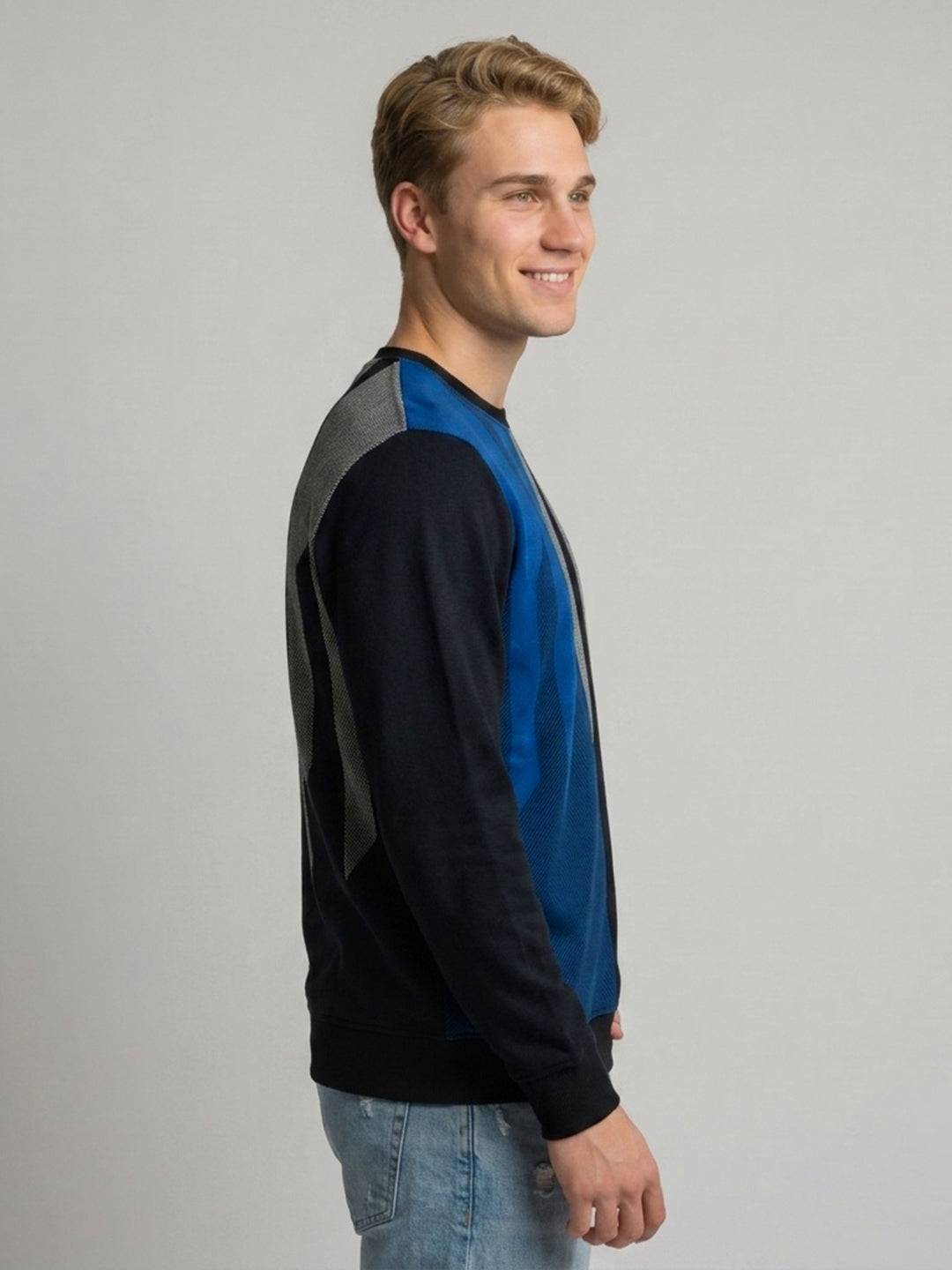 Men Blue Printed Round Neck Full Sleeve T-Shirt