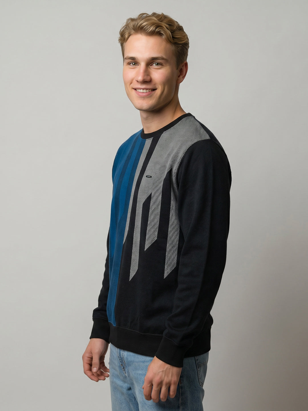 Men Blue Printed Round Neck Full Sleeve T-Shirt