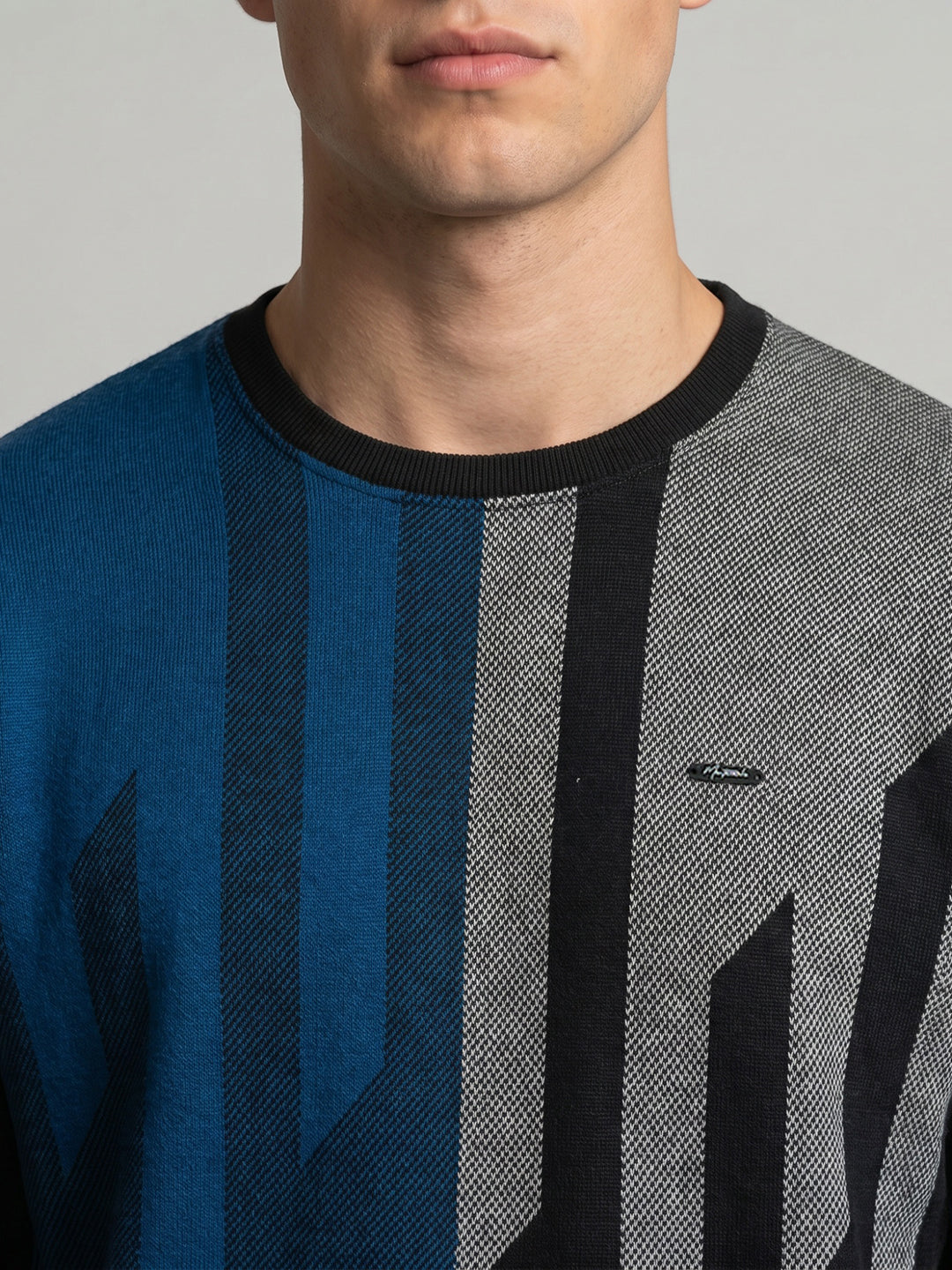 Men Blue Printed Round Neck Full Sleeve T-Shirt