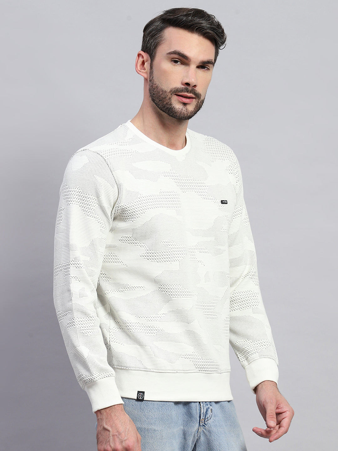 Men White Self Design Round Neck Full Sleeve T-Shirt