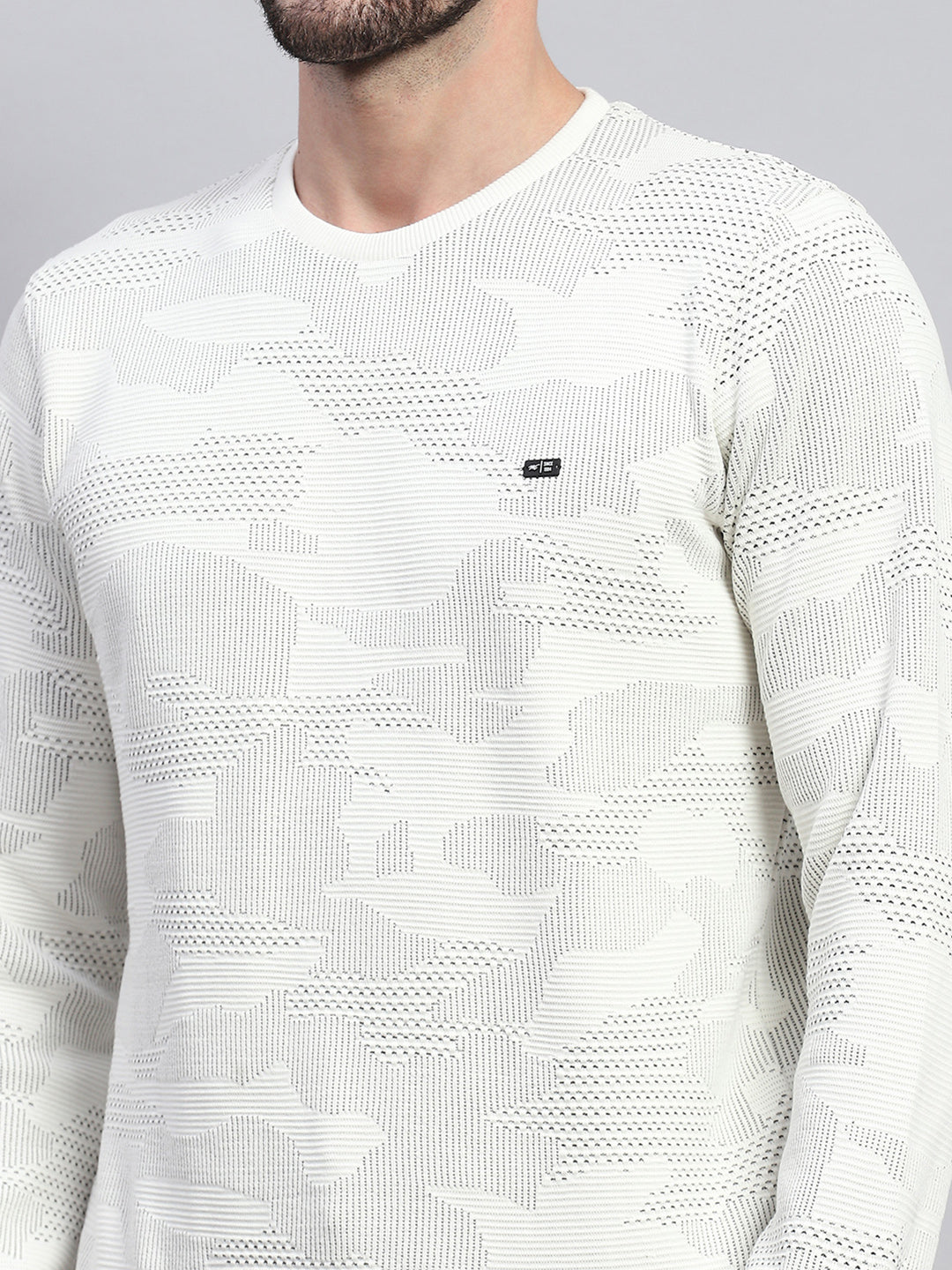 Men White Self Design Round Neck Full Sleeve T-Shirt