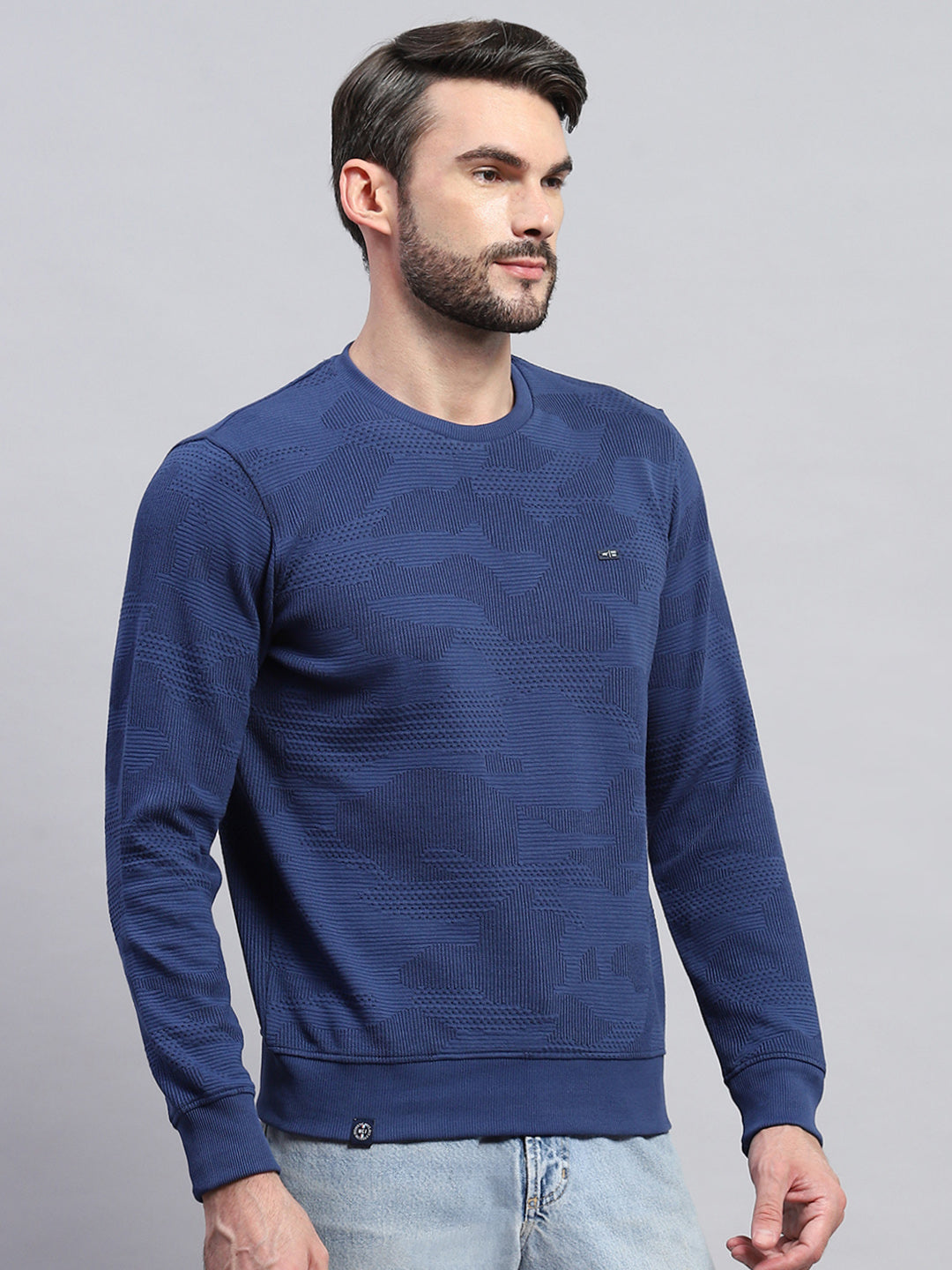 Men Blue Self Design Round Neck Full Sleeve T-Shirt