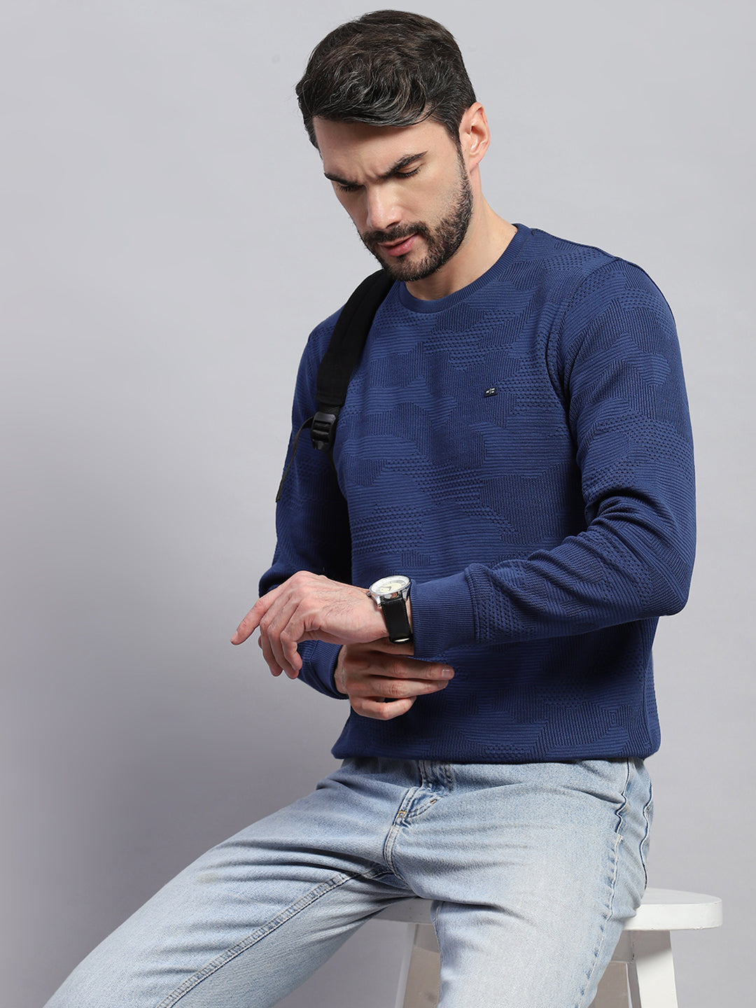 Men Blue Self Design Round Neck Full Sleeve T-Shirt