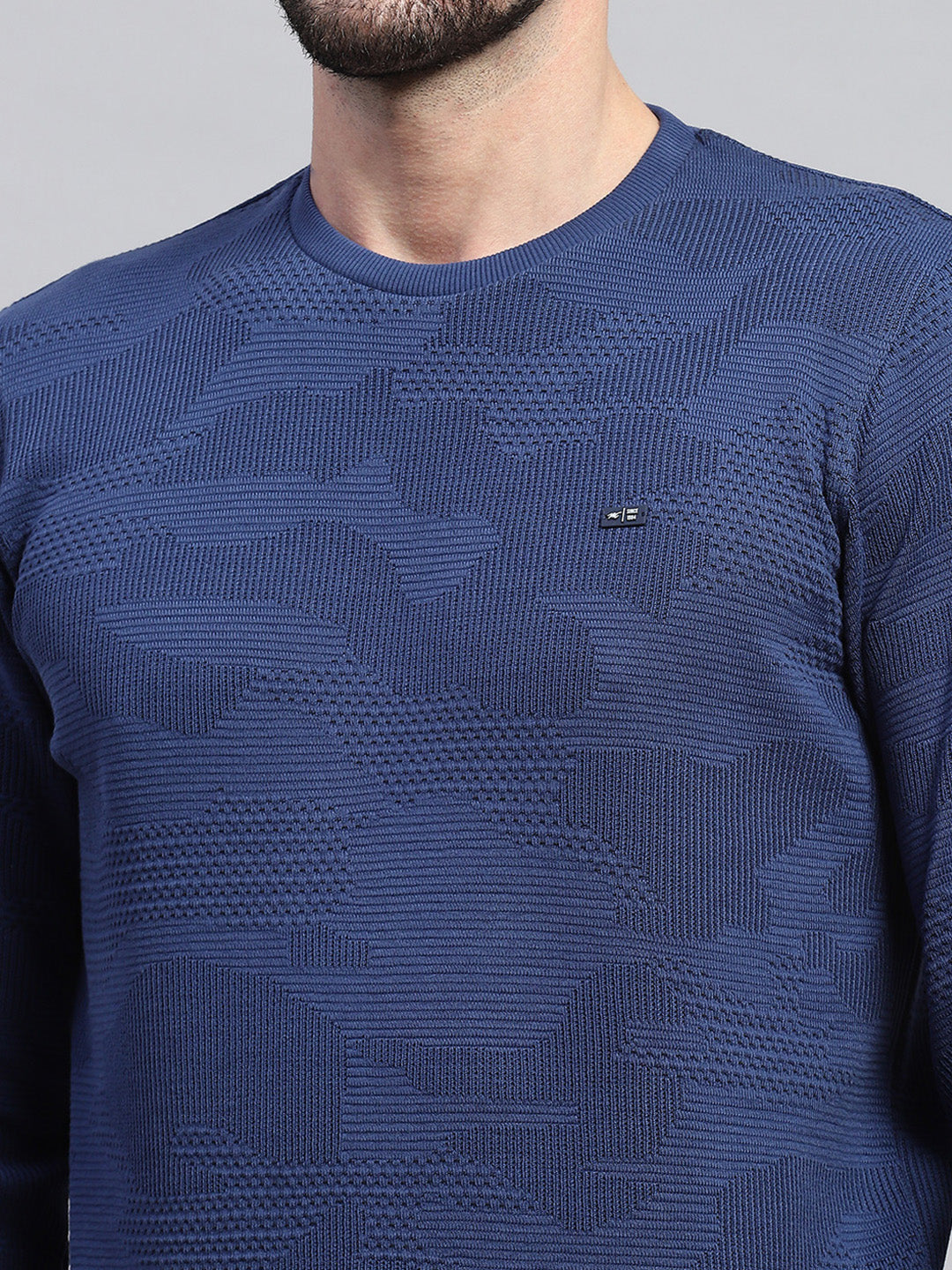 Men Blue Self Design Round Neck Full Sleeve T-Shirt