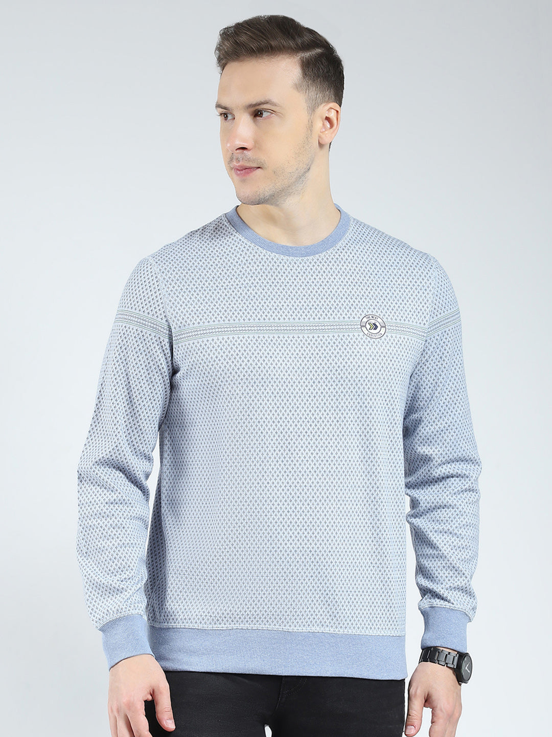 Men Blue Self Design Round Neck Full Sleeve Reversible Winter T-Shirt