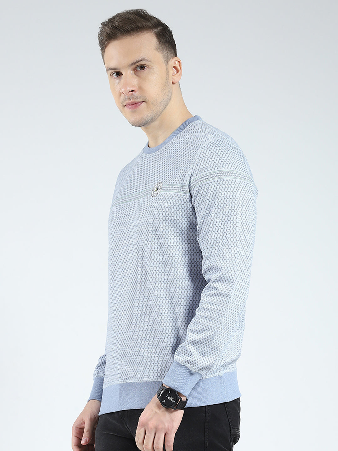 Men Blue Self Design Round Neck Full Sleeve Reversible Winter T-Shirt