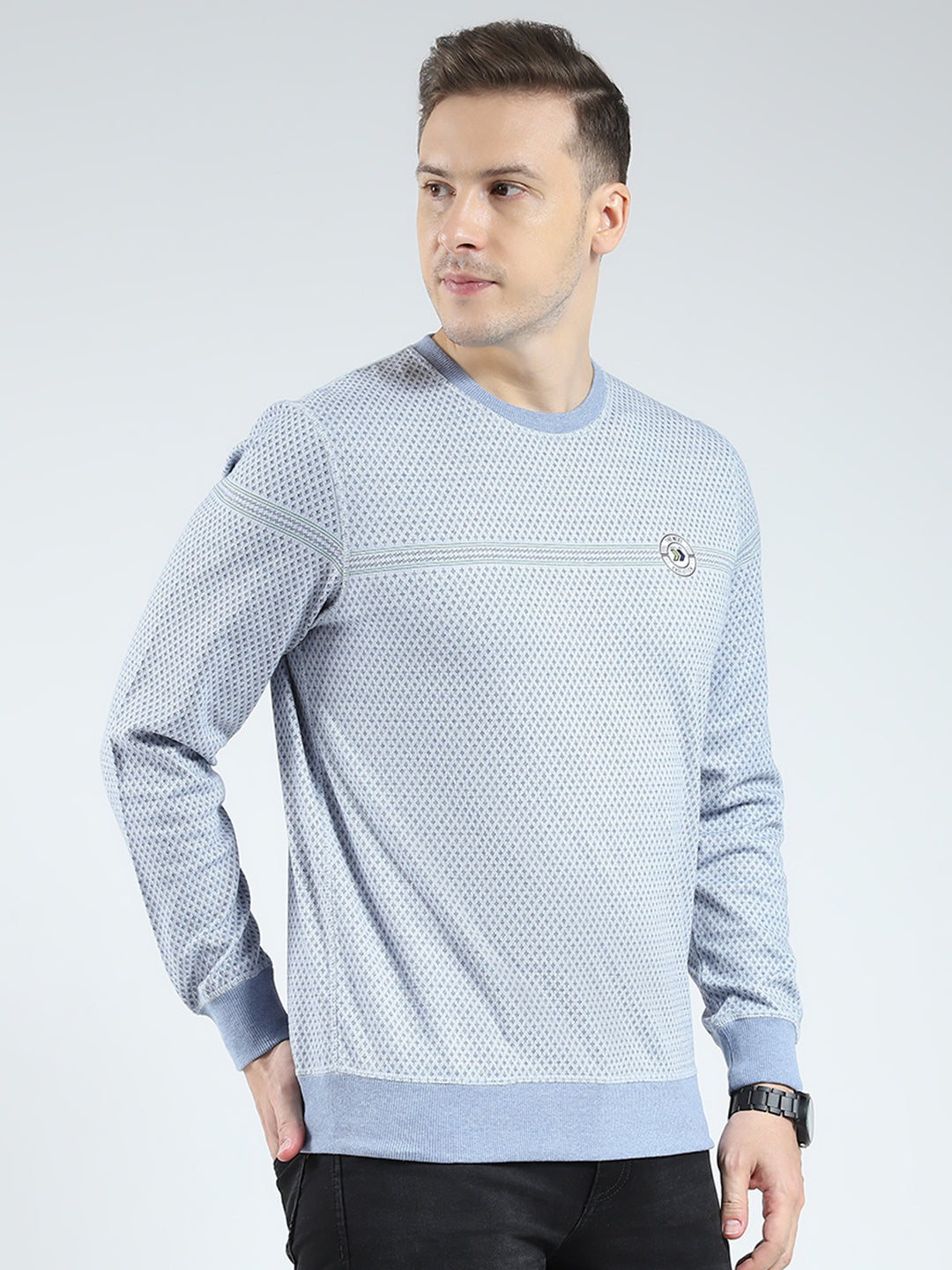 Men Blue Self Design Round Neck Full Sleeve Reversible Winter T-Shirt