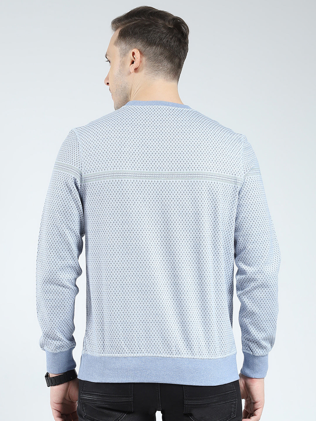 Men Blue Self Design Round Neck Full Sleeve Reversible Winter T-Shirt