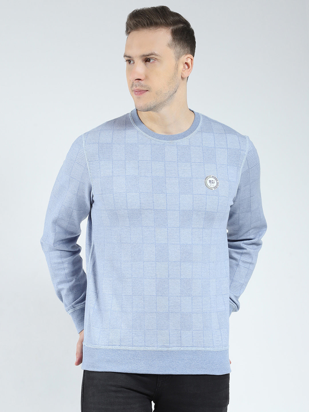 Men Blue Self Design Round Neck Full Sleeve Reversible Winter T-Shirt