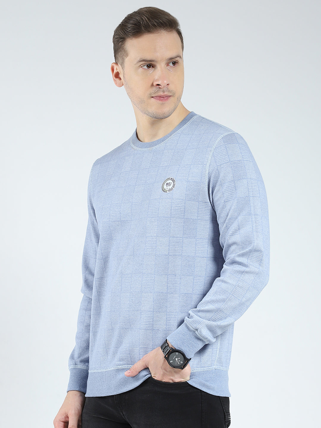 Men Blue Self Design Round Neck Full Sleeve Reversible Winter T-Shirt