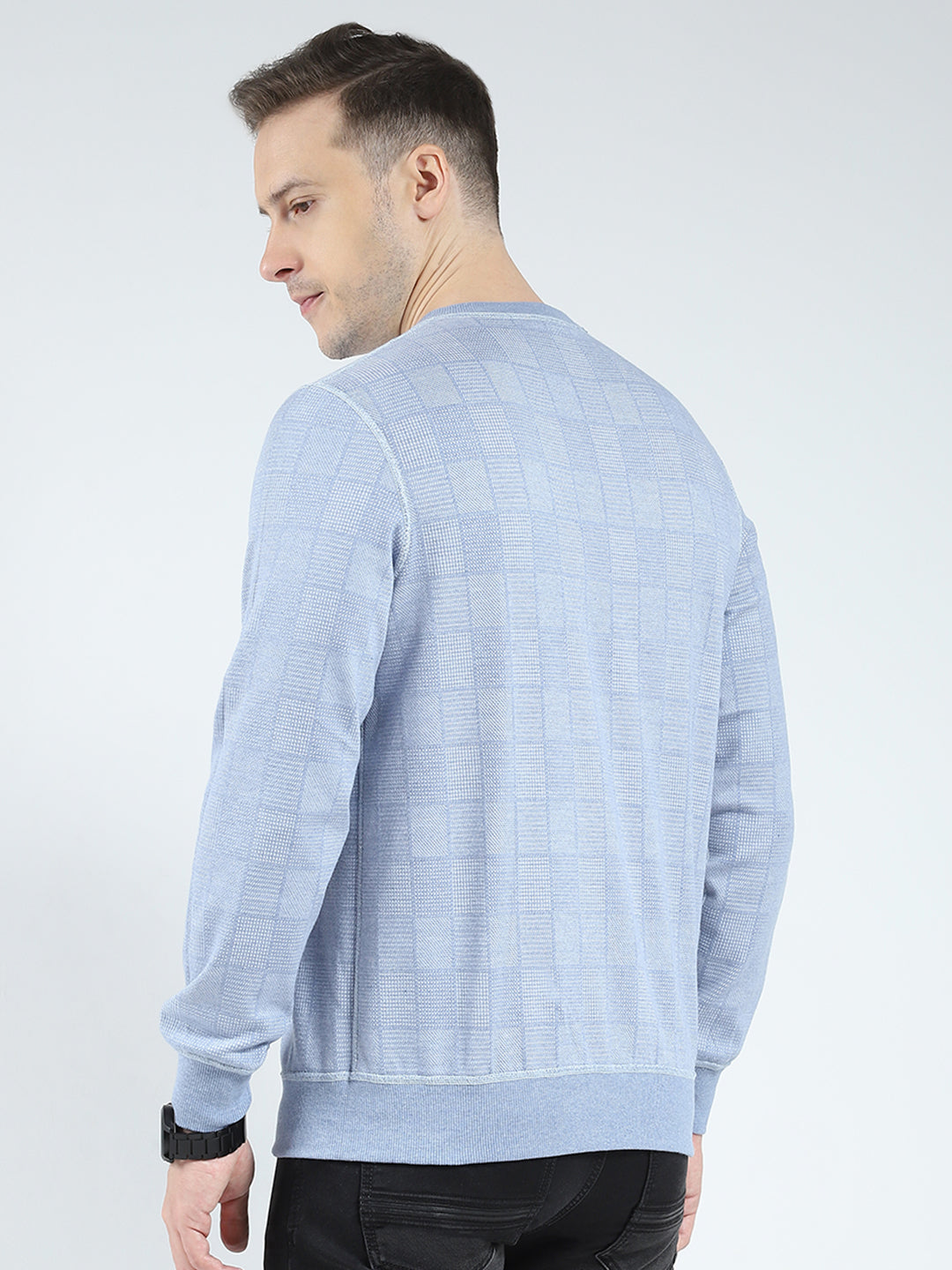 Men Blue Self Design Round Neck Full Sleeve Reversible Winter T-Shirt