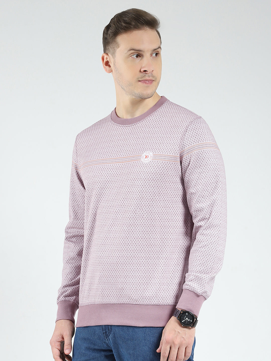 Men Pink Self Design Round Neck Full Sleeve Reversible Winter T-Shirt