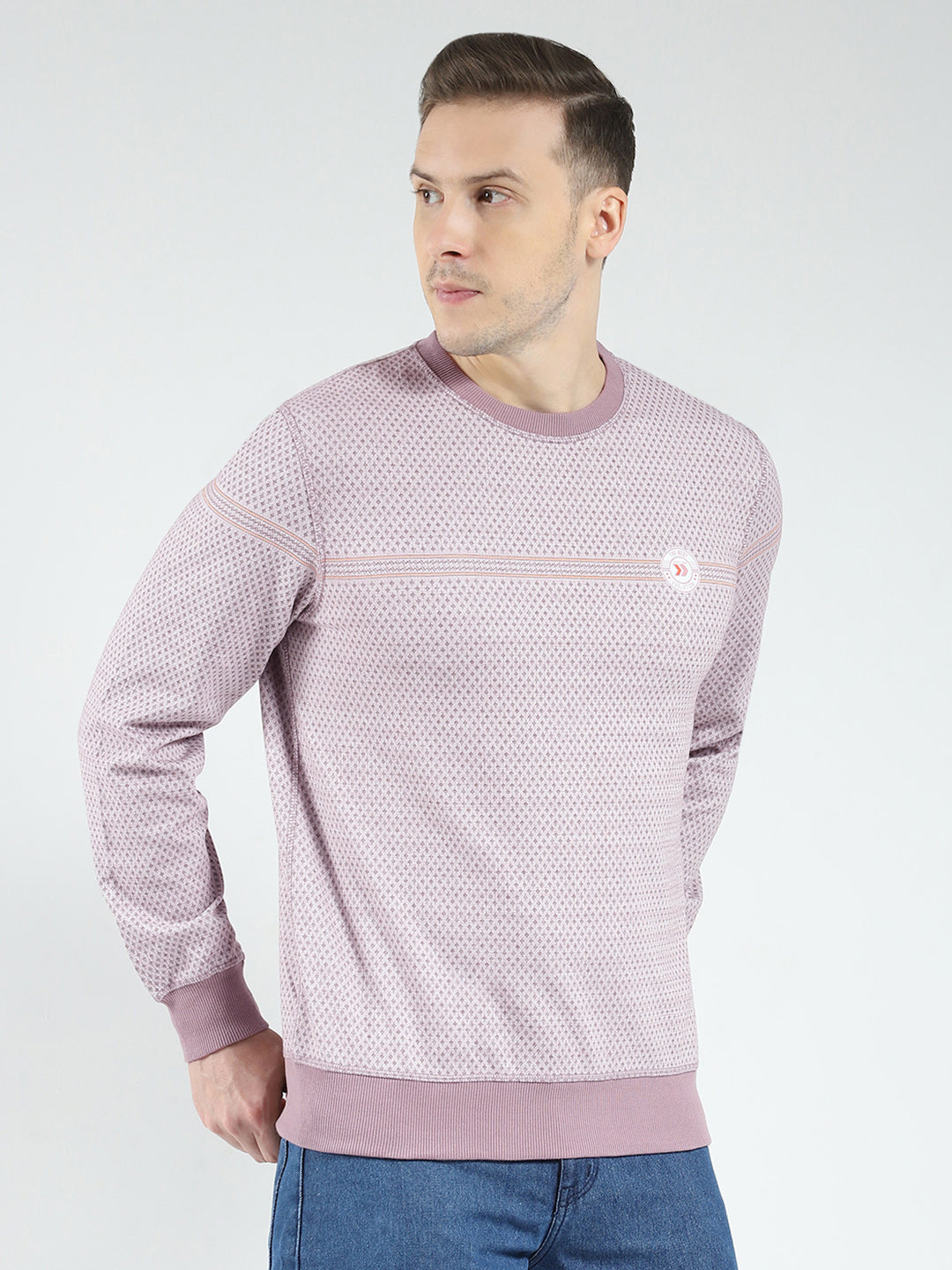 Men Pink Self Design Round Neck Full Sleeve Reversible Winter T-Shirt