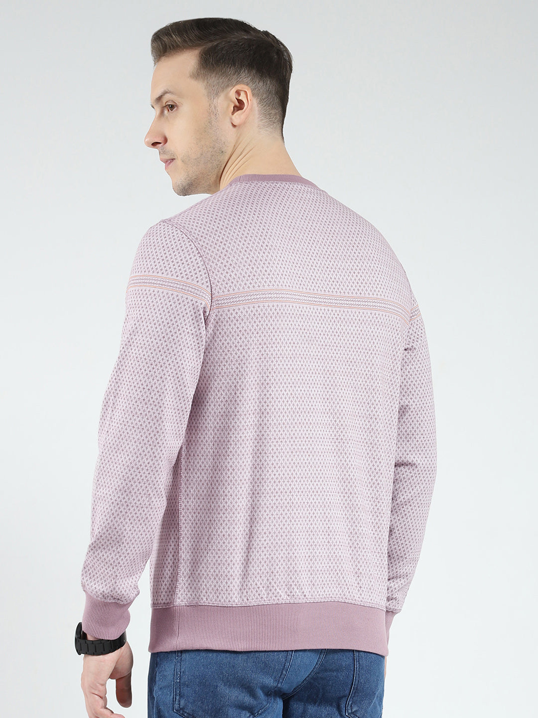 Men Pink Self Design Round Neck Full Sleeve Reversible Winter T-Shirt