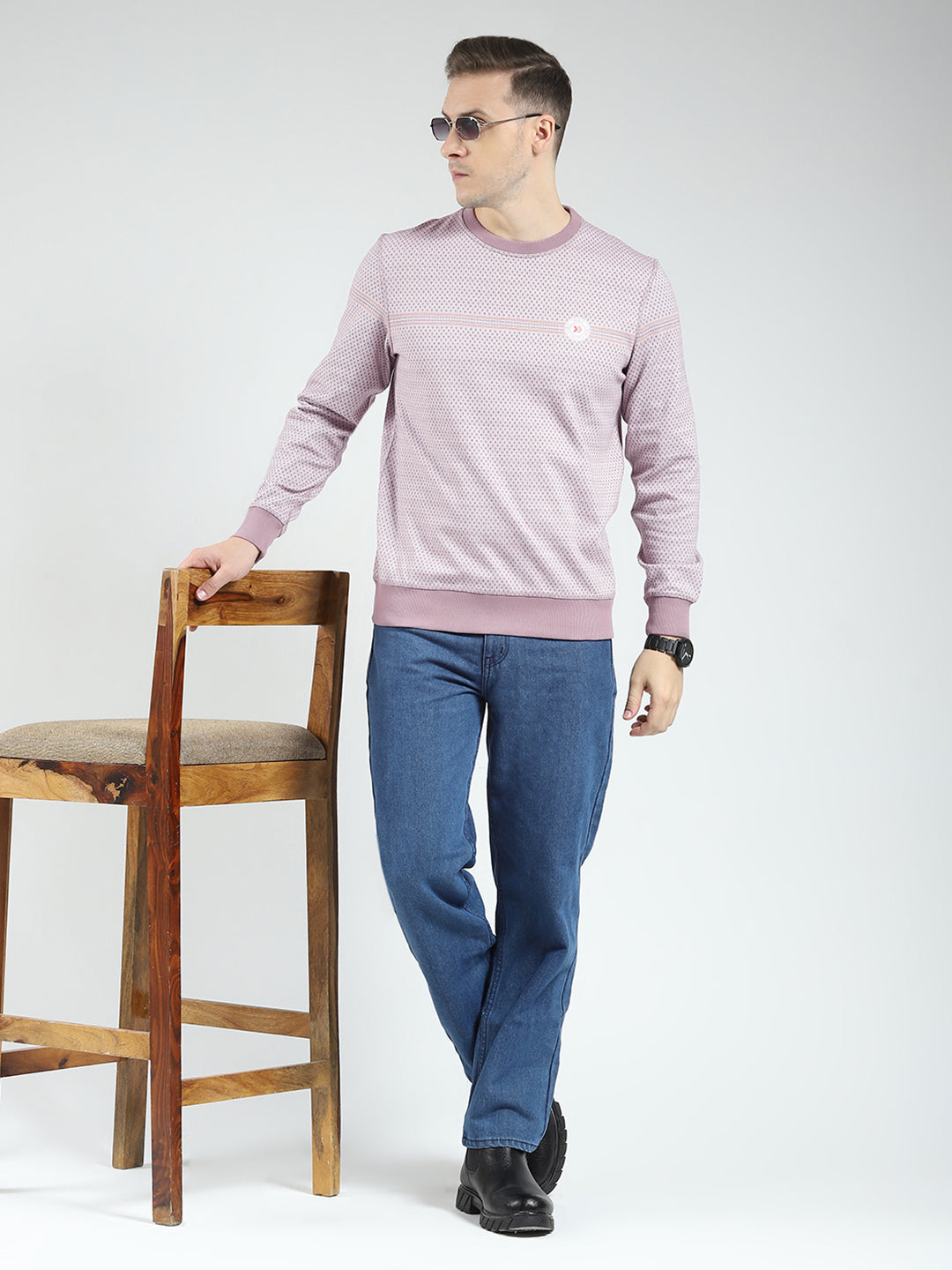 Men Pink Self Design Round Neck Full Sleeve Reversible Winter T-Shirt