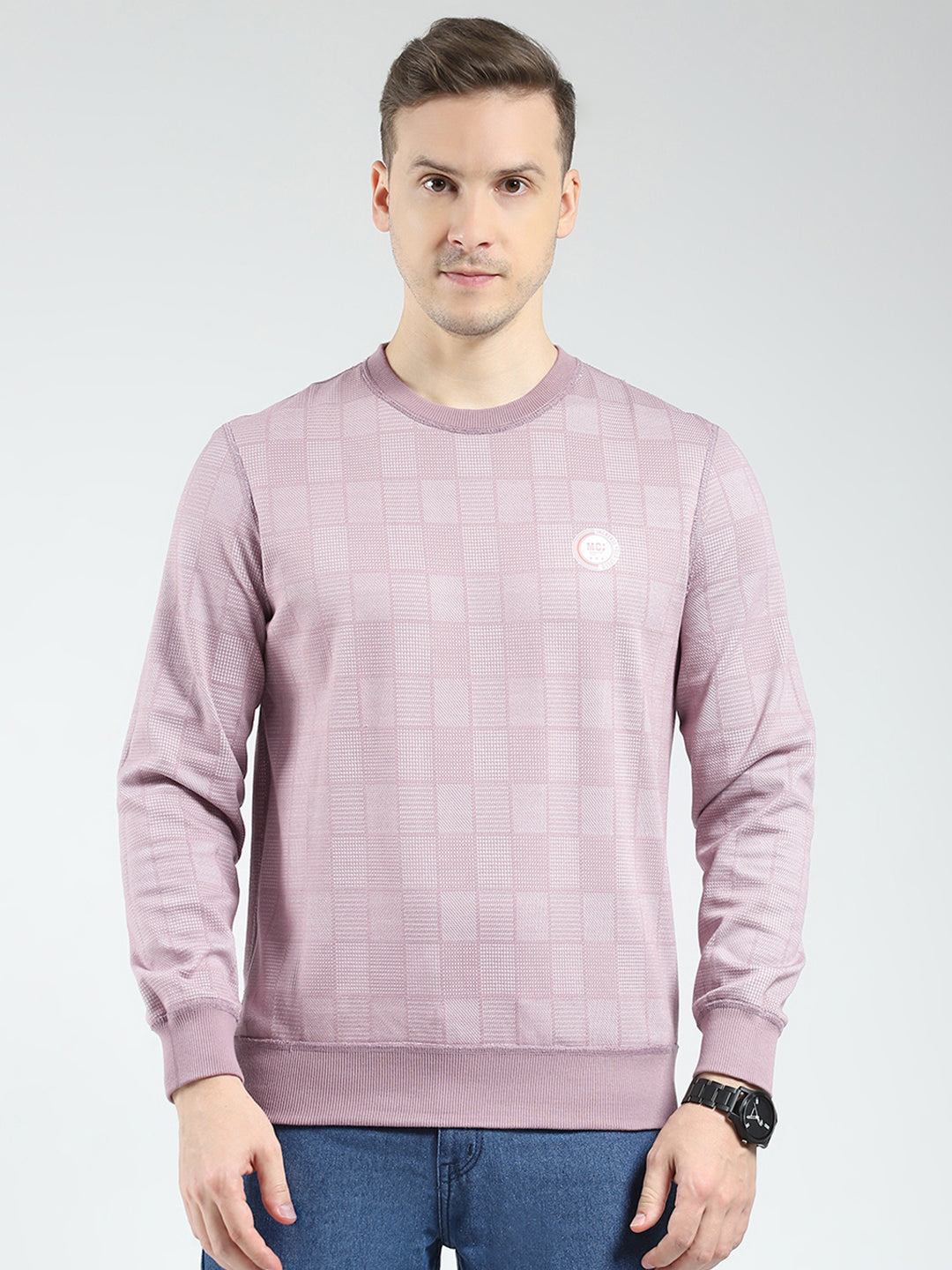 Men Pink Self Design Round Neck Full Sleeve Reversible Winter T-Shirt