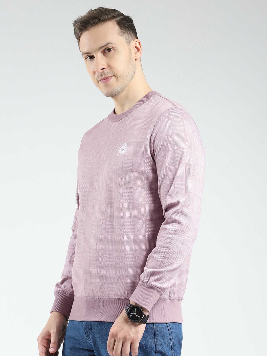 Men Pink Self Design Round Neck Full Sleeve Reversible Winter T-Shirt
