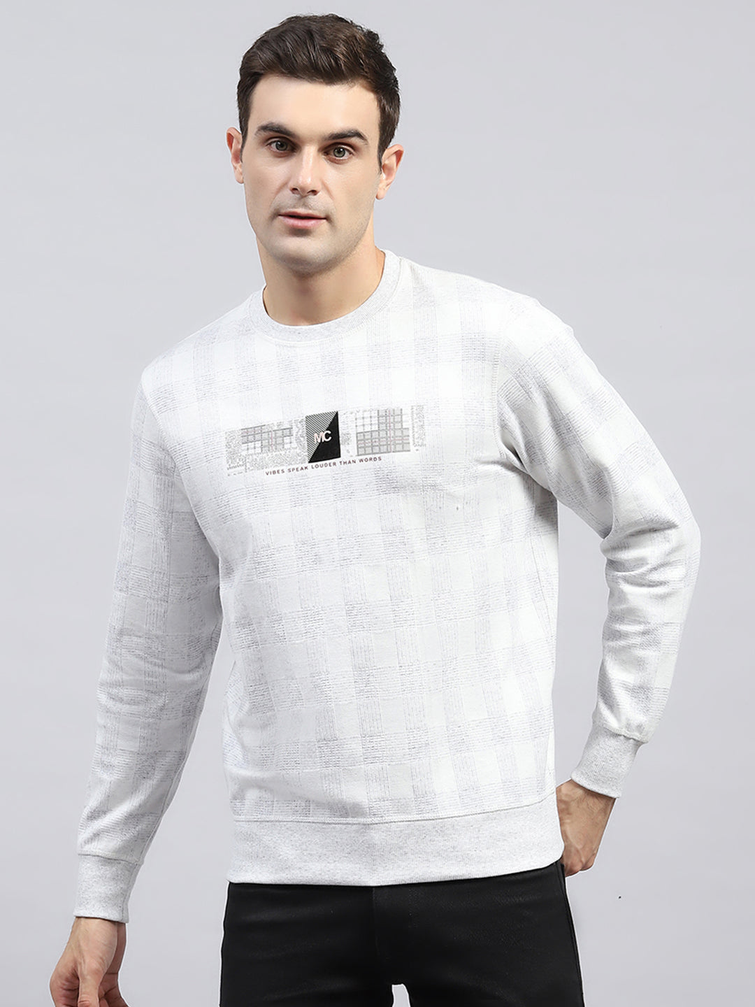 Men Off White Printed Round Neck Full Sleeve Winter T-Shirt