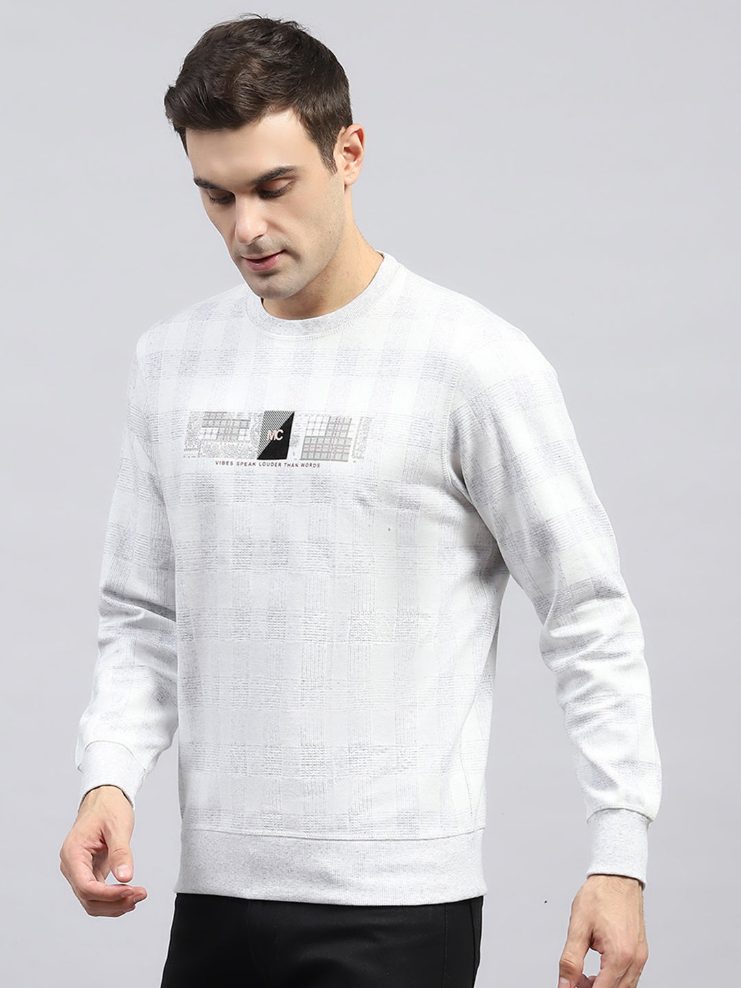 Men Off White Printed Round Neck Full Sleeve Winter T-Shirt