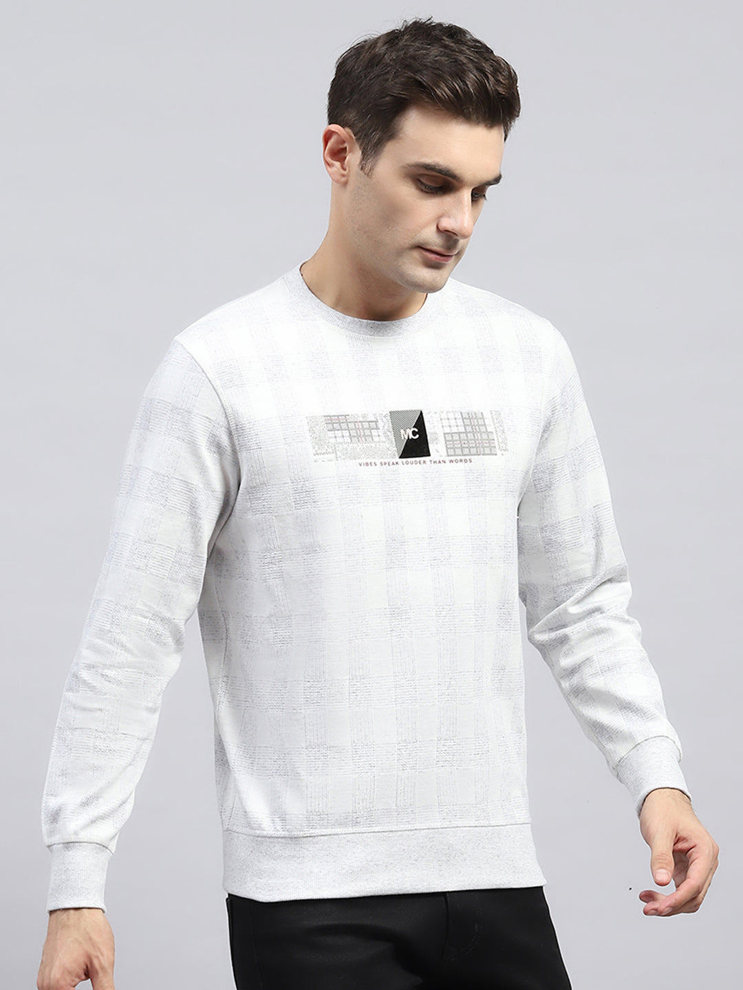 Men Off White Printed Round Neck Full Sleeve Winter T-Shirt