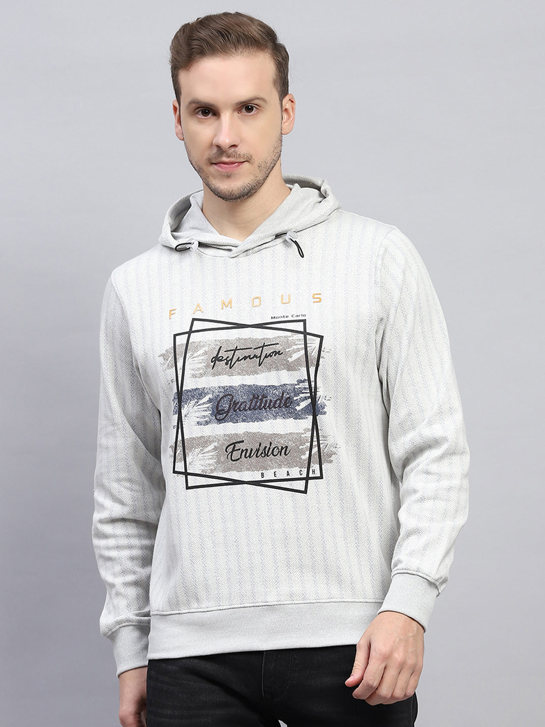 Long Sleeve Grey Graphic Sweater Men Grey Printed Hooded Full