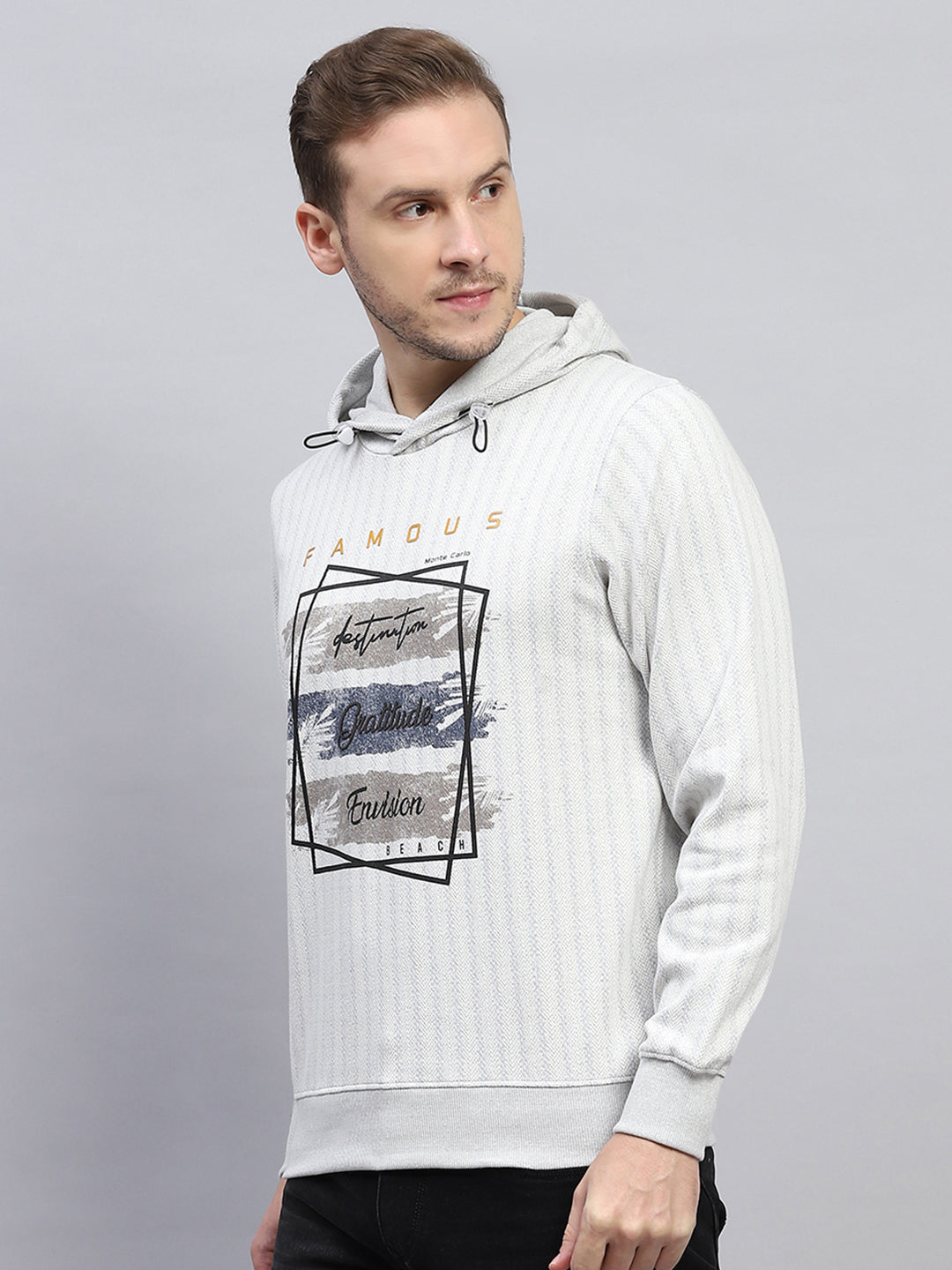 Men Grey Printed Hooded Full Sleeve Winter T-Shirt