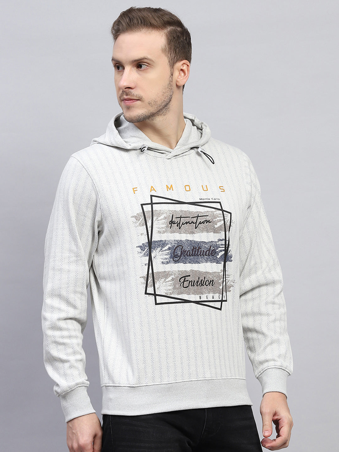Men Grey Printed Hooded Full Sleeve Winter T-Shirt