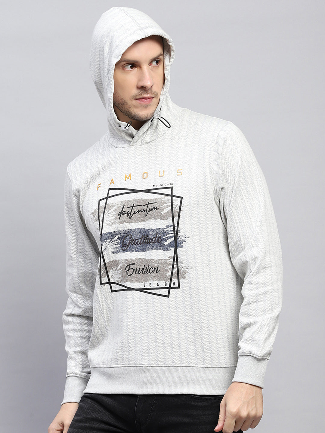 Men Grey Printed Hooded Full Sleeve Winter T-Shirt