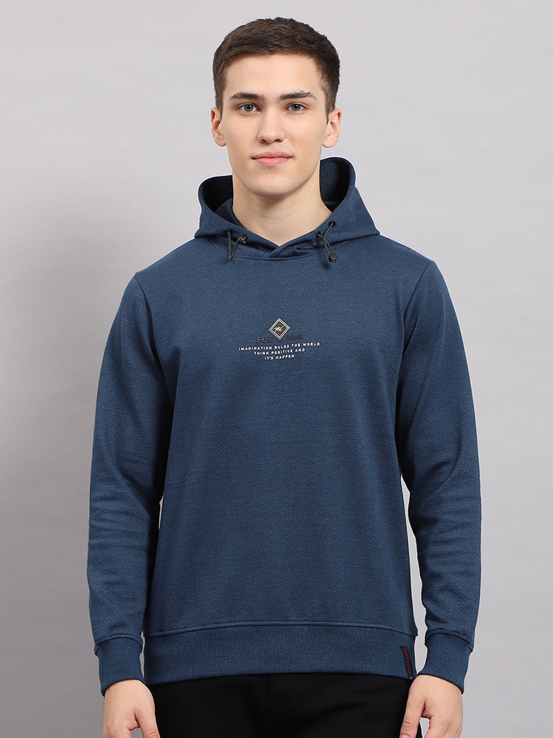 Men Blue Printed Hooded Full Sleeve T-Shirt