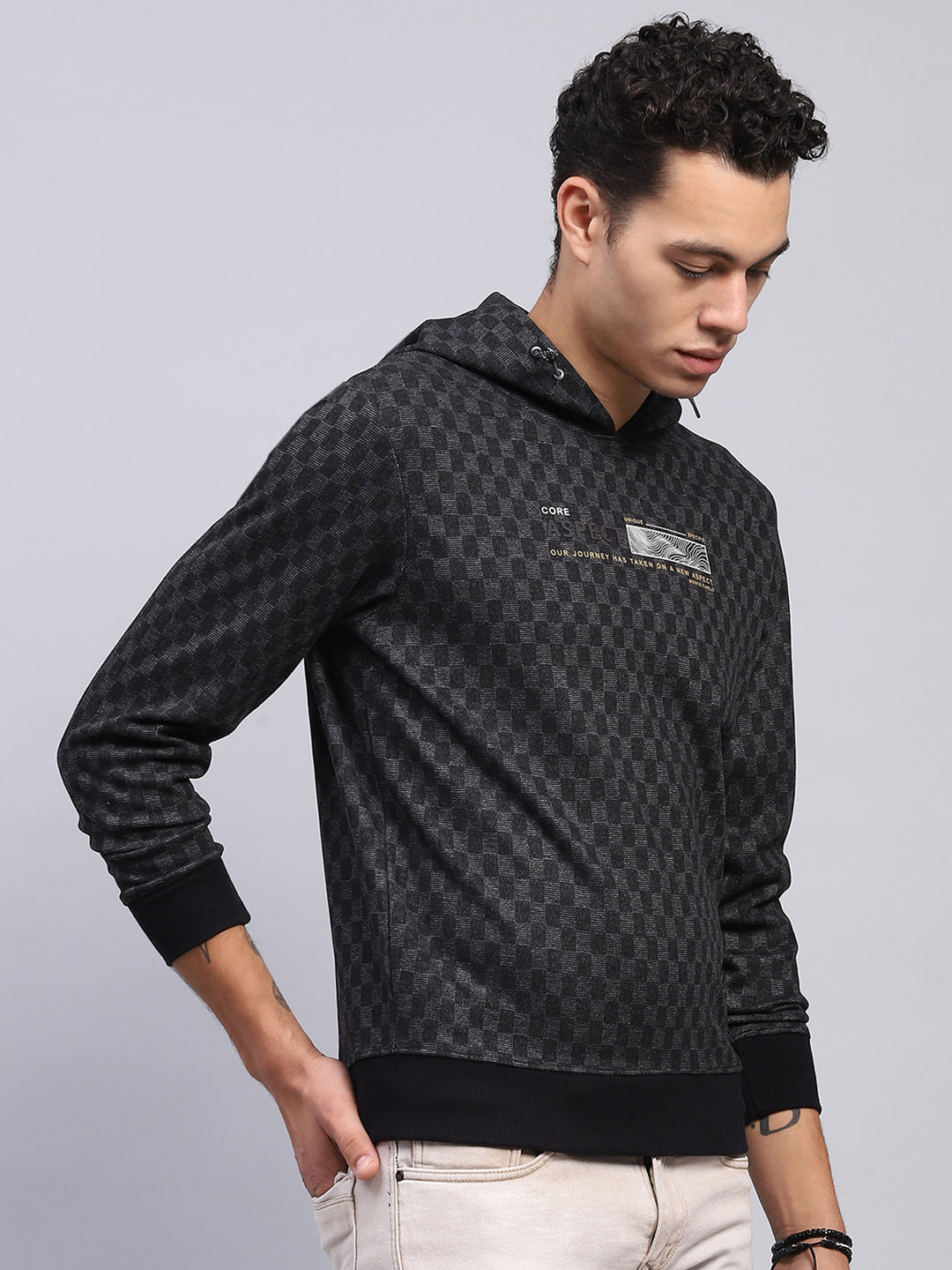 Men Black Printed Hooded Full Sleeve Winter T-Shirt