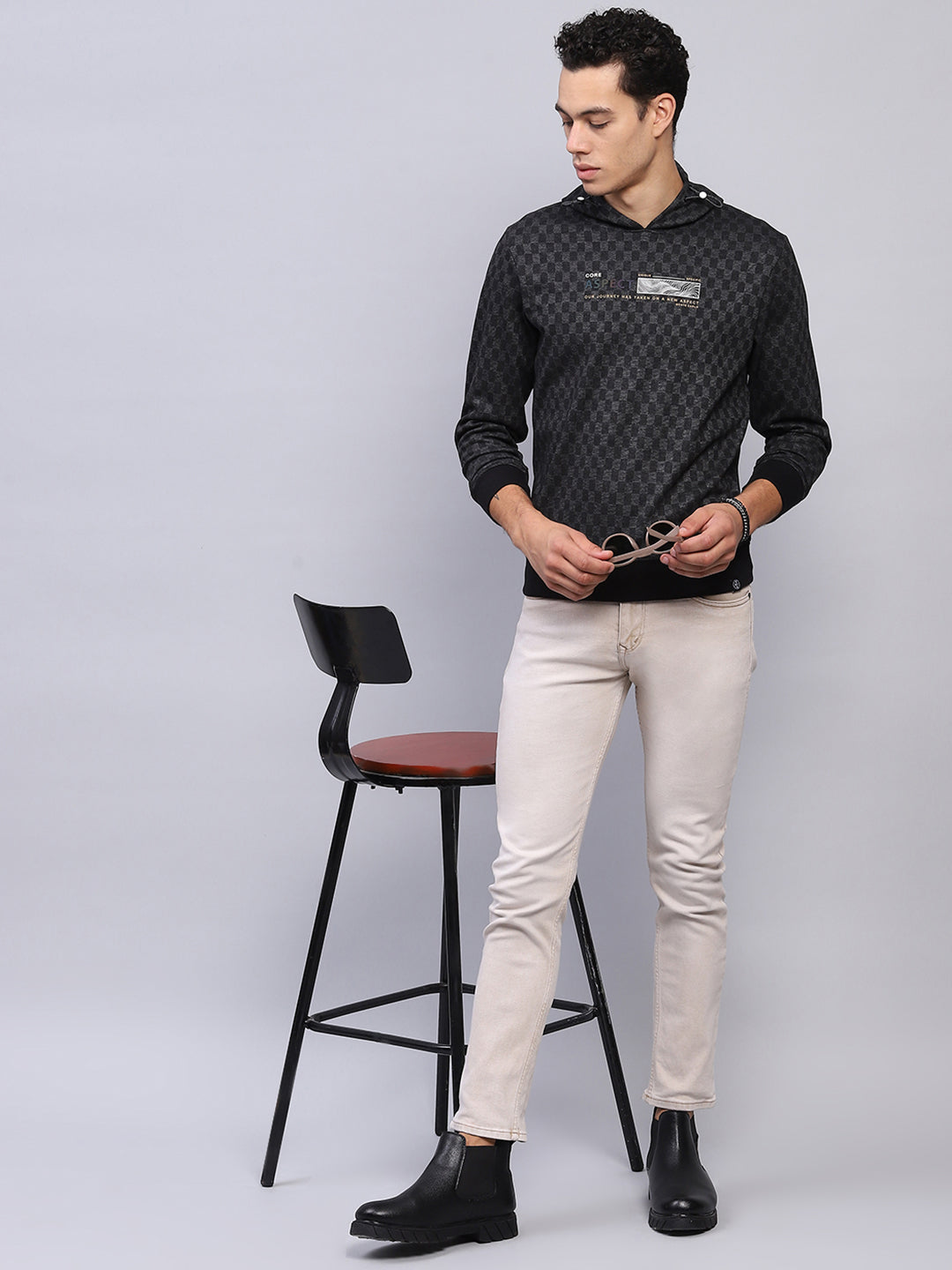 Men Black Printed Hooded Full Sleeve Winter T-Shirt