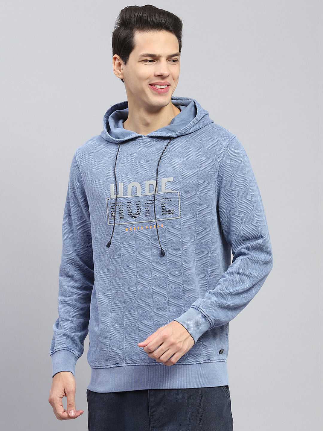 Men Blue Printed Hooded Full Sleeve Winter T-Shirt