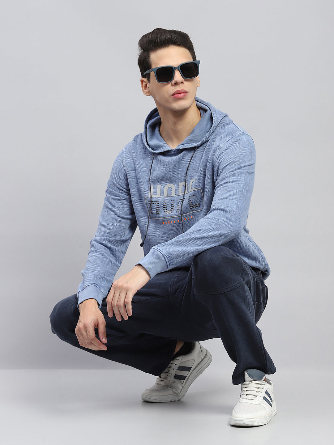 Men Blue Printed Hooded Full Sleeve Winter T-Shirt