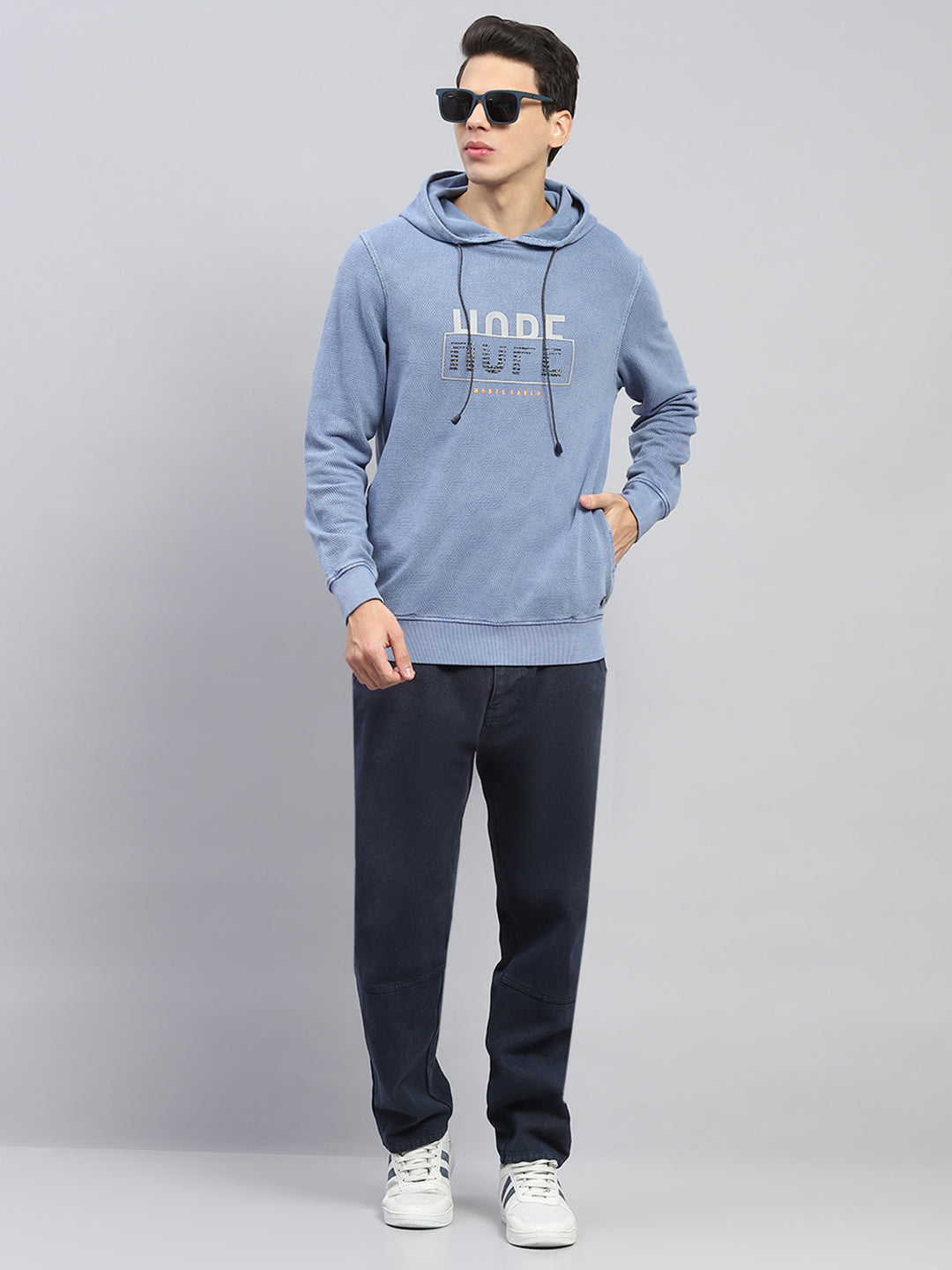 Men Blue Printed Hooded Full Sleeve Winter T-Shirt